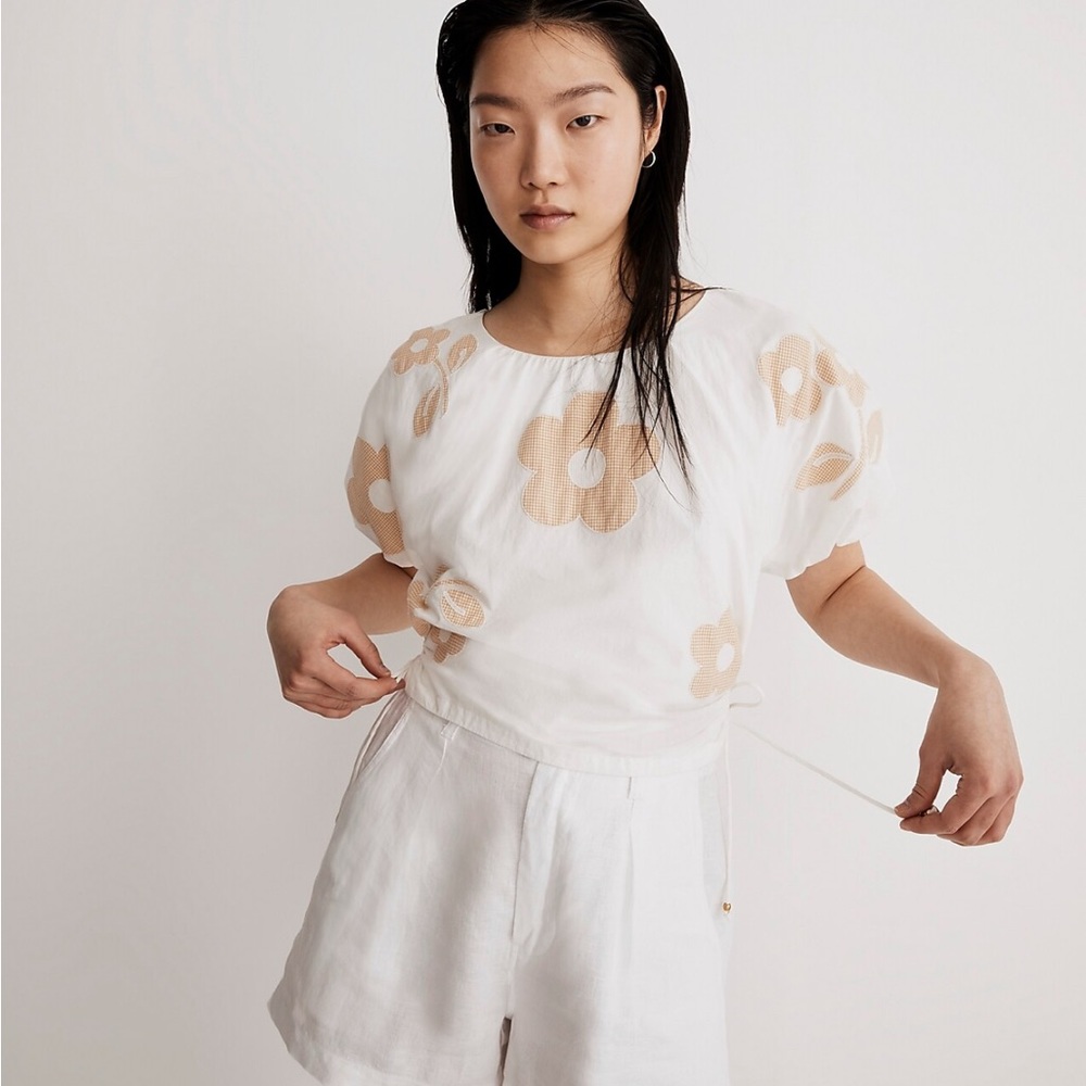 NWT Madewell Embroidered poplin puff-sleeve cutout crop top
